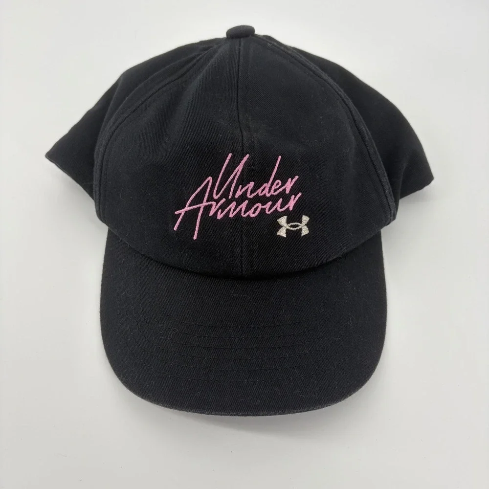 Under Armour Youth Girls Black Pink Script Logo UA Free Fit Adjustable Hat OSFA